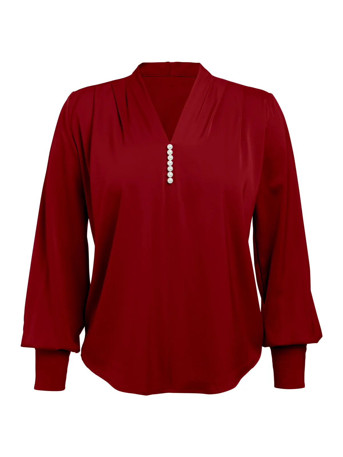 Wine Red 1930s Retro Solid V-neck Puff Sleeve Blouse sold by Retro Stage