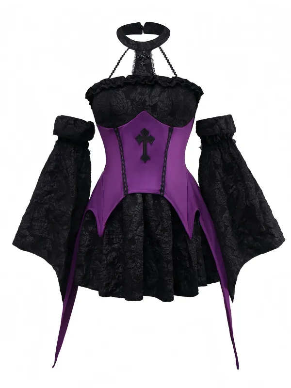 2PCS Purple 1980s Gothic Cross Witch Top & Skirt sold by Retro Stage
