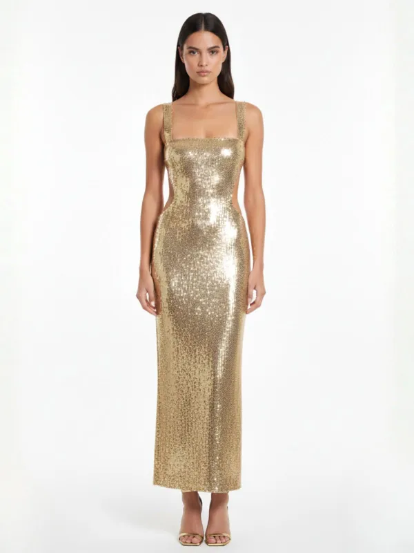 Gold Sequined Backless Evening Maxi Dress sold by Retro Stage
