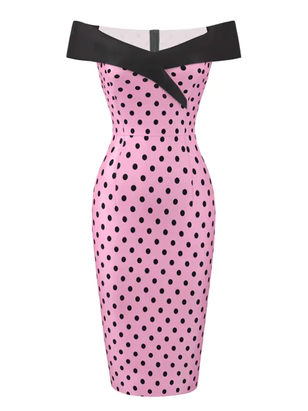 [US Warehouse] Pink 1960s Off-shoulder Dots Pencil Dress sold by Retro Stage