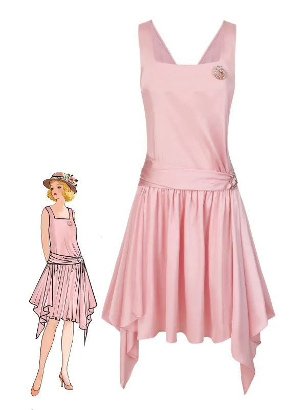Light Pink 1920s Satin Square Neck Back Bow Dress sold by Retro Stage