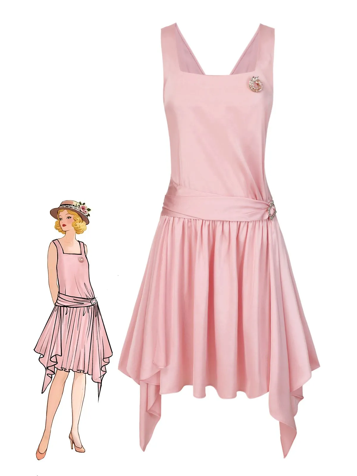 Light Pink 1920s Satin Square Neck Back Bow Dress sold by Retro Stage