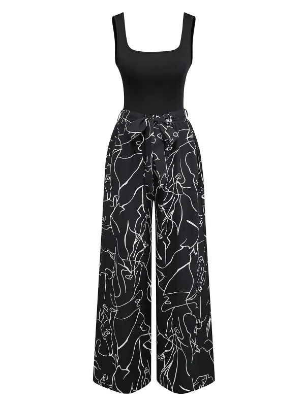 Black 1970s U-Neck Tank Top & Abstract Prints Pants made by Retro Stage