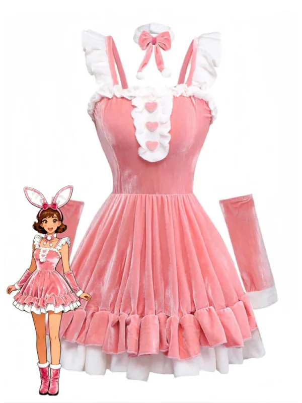 Pink 1970s Christmas Velvet Ruffle Bunny Girl Dress Set sold by Retro Stage