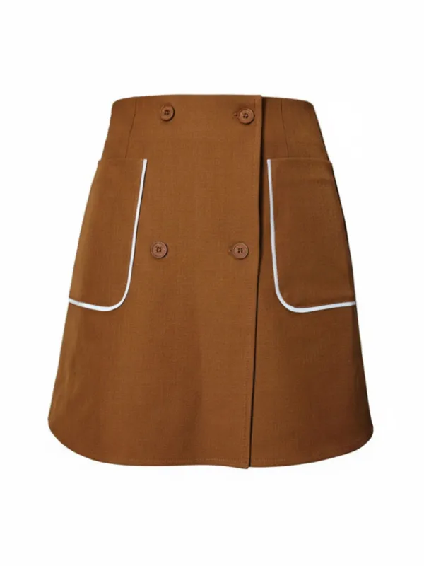 Brown 1980s Button Pocket High Waist A-Line Skirt sold by Retro Stage