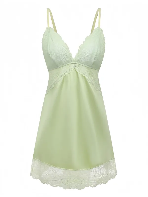 Green 1960s Lace Satin V-Neck Spaghetti Strap Nightgown sold by Retro Stage