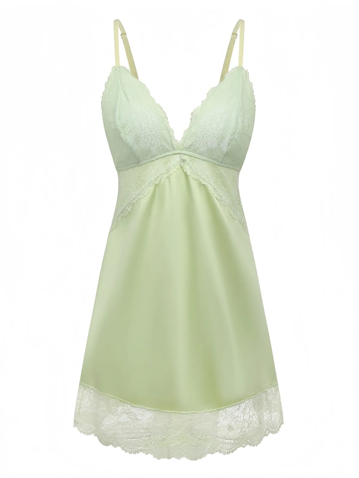 Green 1960s Lace Satin V-Neck Spaghetti Strap Nightgown sold by Retro Stage