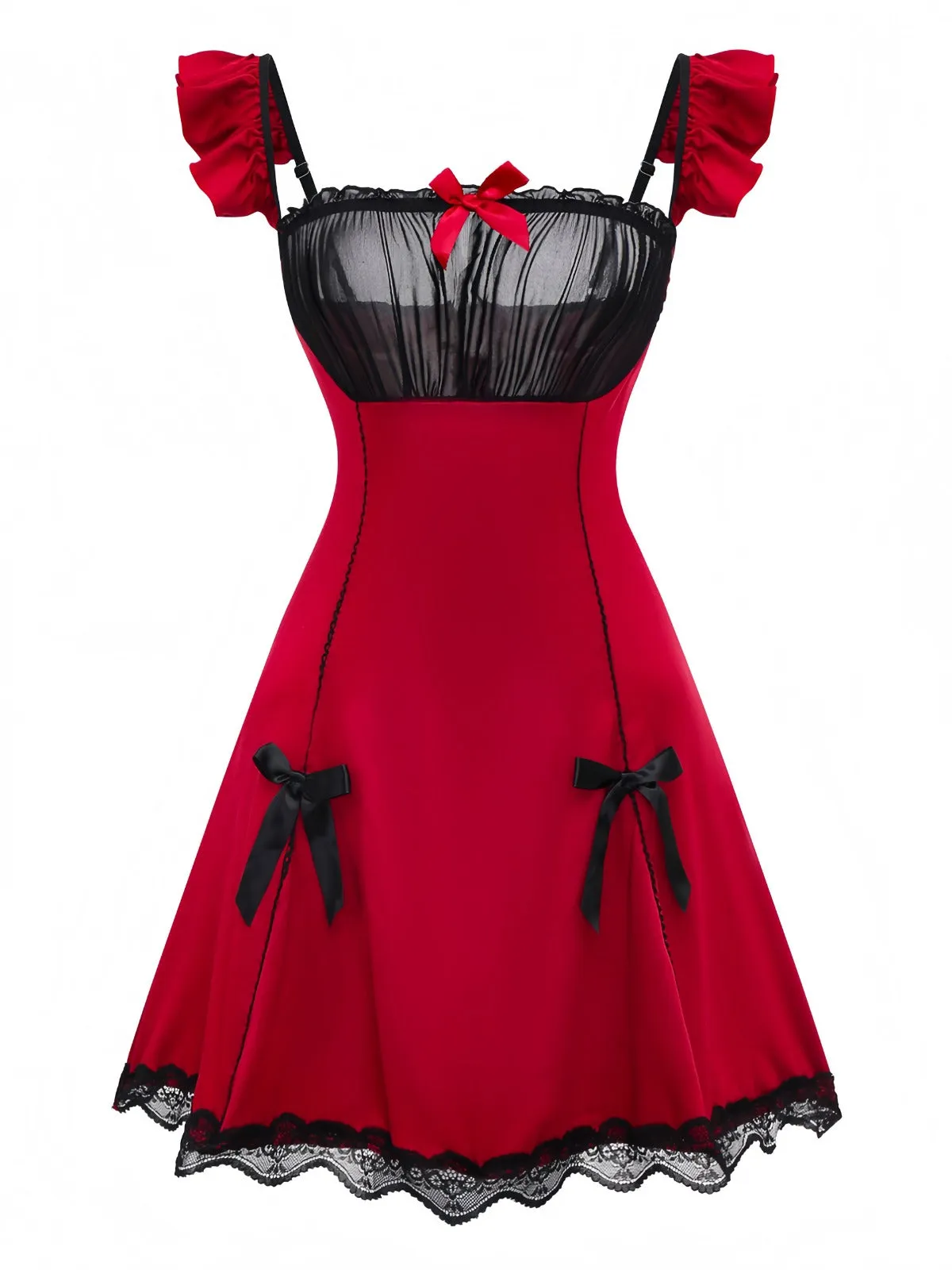 Red 1960s Bow Lace Patchwork Ruffled Nightgown sold by Retro Stage