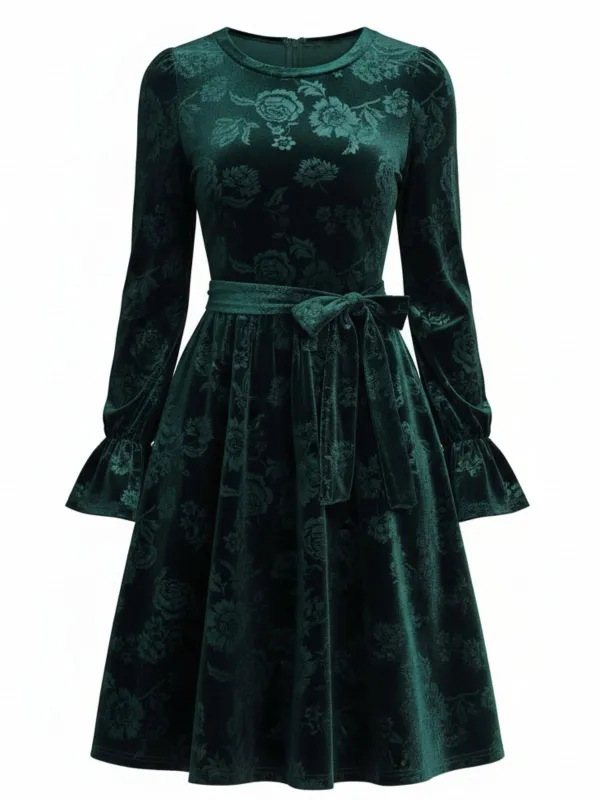 Green 1960s Velvet Rose Jacquard Dress sold by Retro Stage