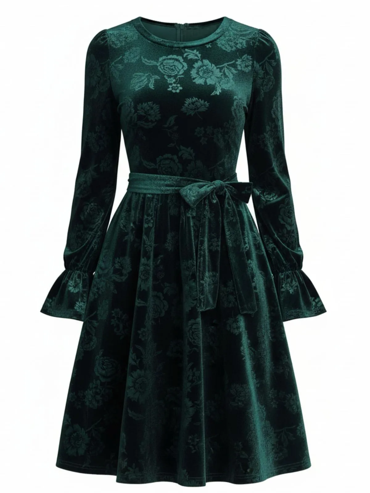 Green 1960s Velvet Rose Jacquard Dress sold by Retro Stage