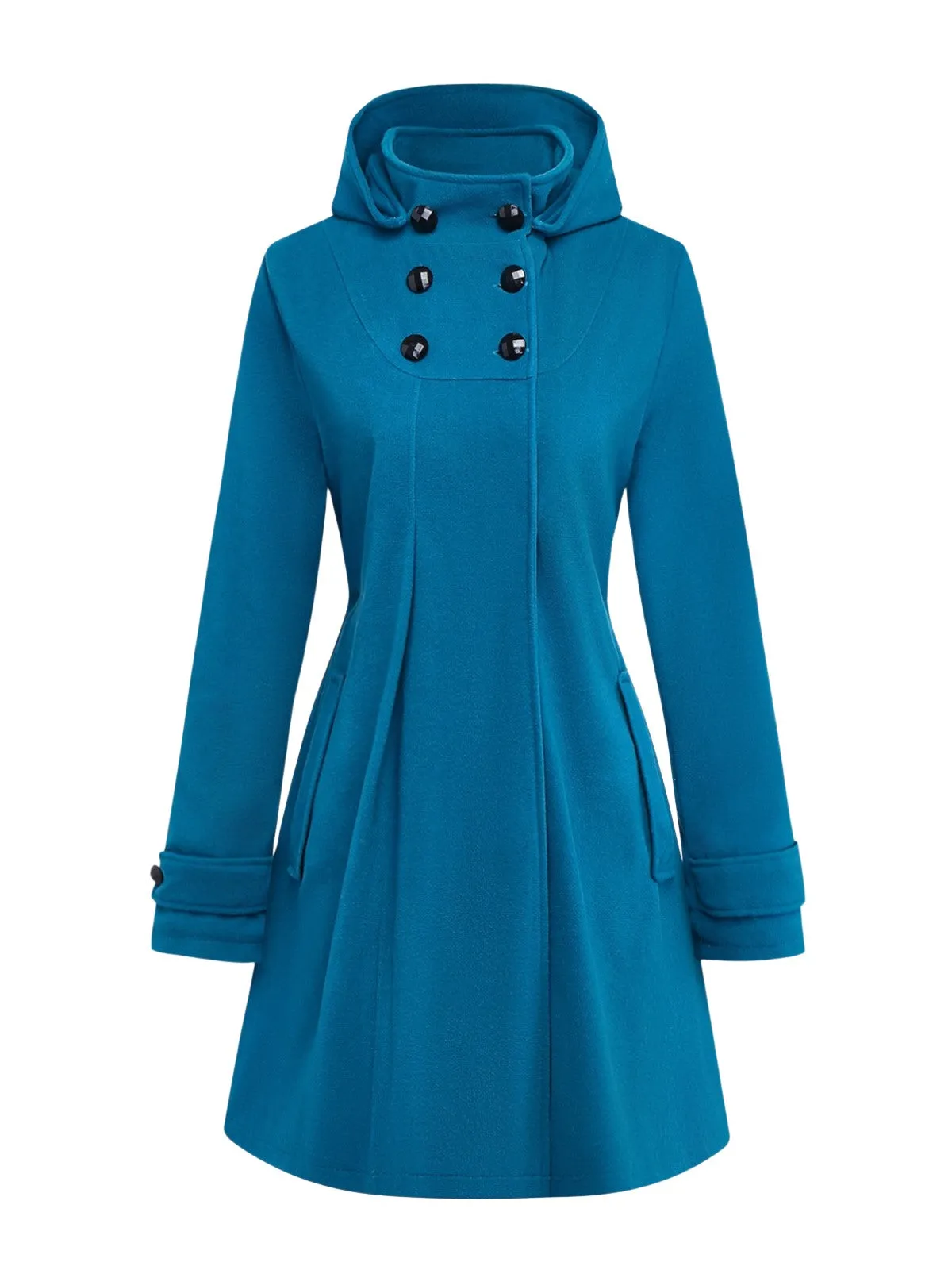 Blue 1930s Solid Faux-Wool Hooded Coat sold by Retro Stage