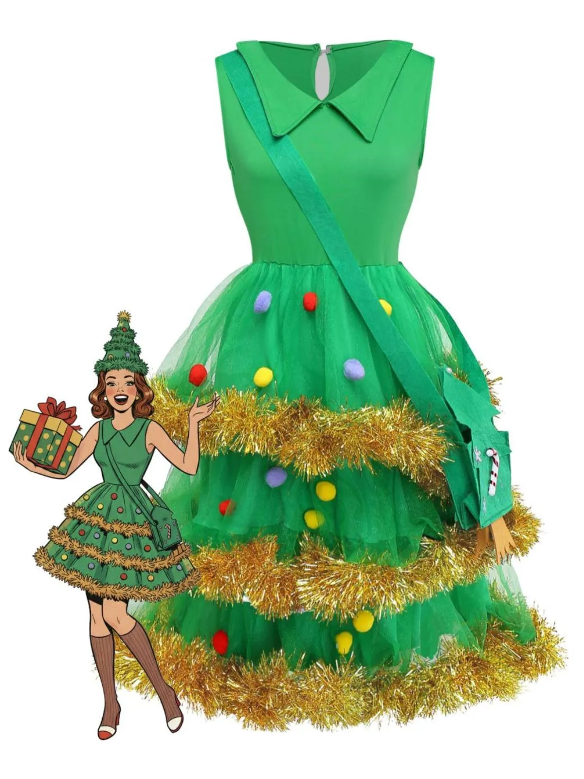 Green 1950s Christmas Tree Tiered Dress Set sold by Retro Stage