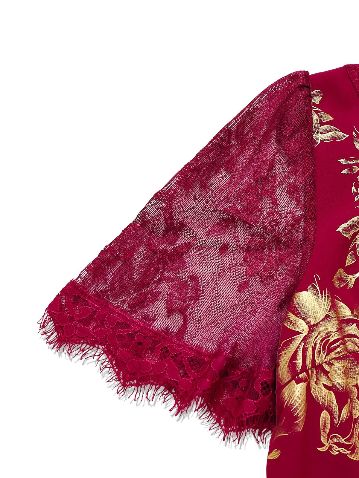 Red 1930s V-Neck Gold Foil Floral Mermaid Sheer Dress sold by Retro Stage product image thumbnail 5