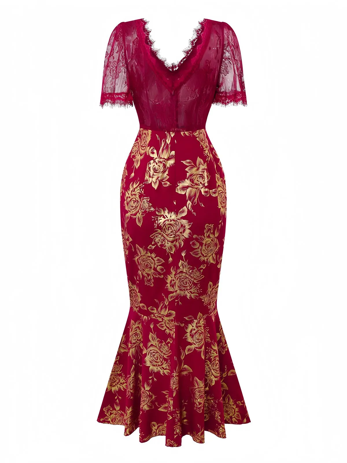 Red 1930s V-Neck Gold Foil Floral Mermaid Sheer Dress sold by Retro Stage product image thumbnail 3