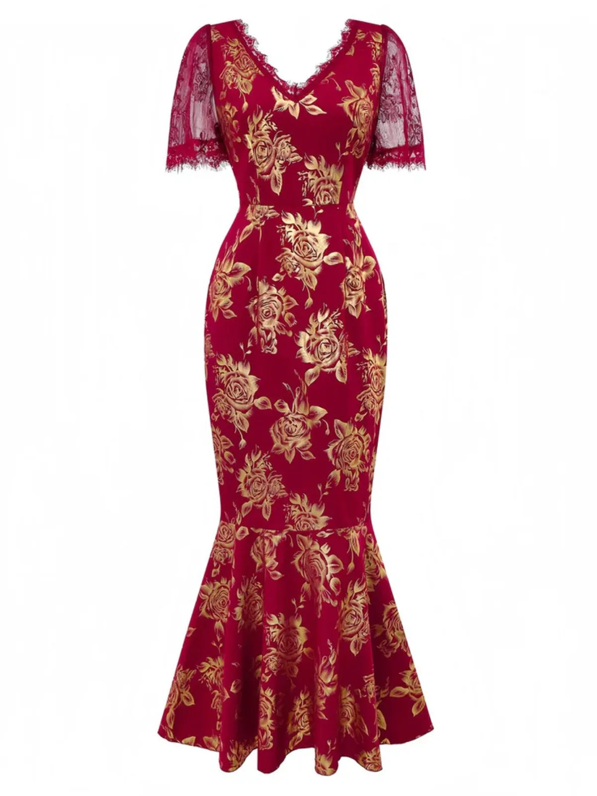 Red 1930s V-Neck Gold Foil Floral Mermaid Sheer Dress sold by Retro Stage product image thumbnail 2