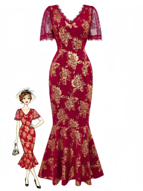 Red 1930s V-Neck Gold Foil Floral Mermaid Sheer Dress sold by Retro Stage