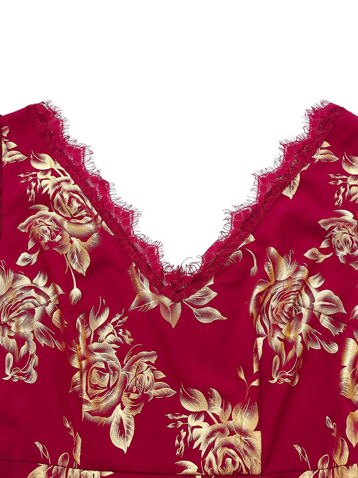 Red 1930s V-Neck Gold Foil Floral Mermaid Sheer Dress sold by Retro Stage product image thumbnail 4