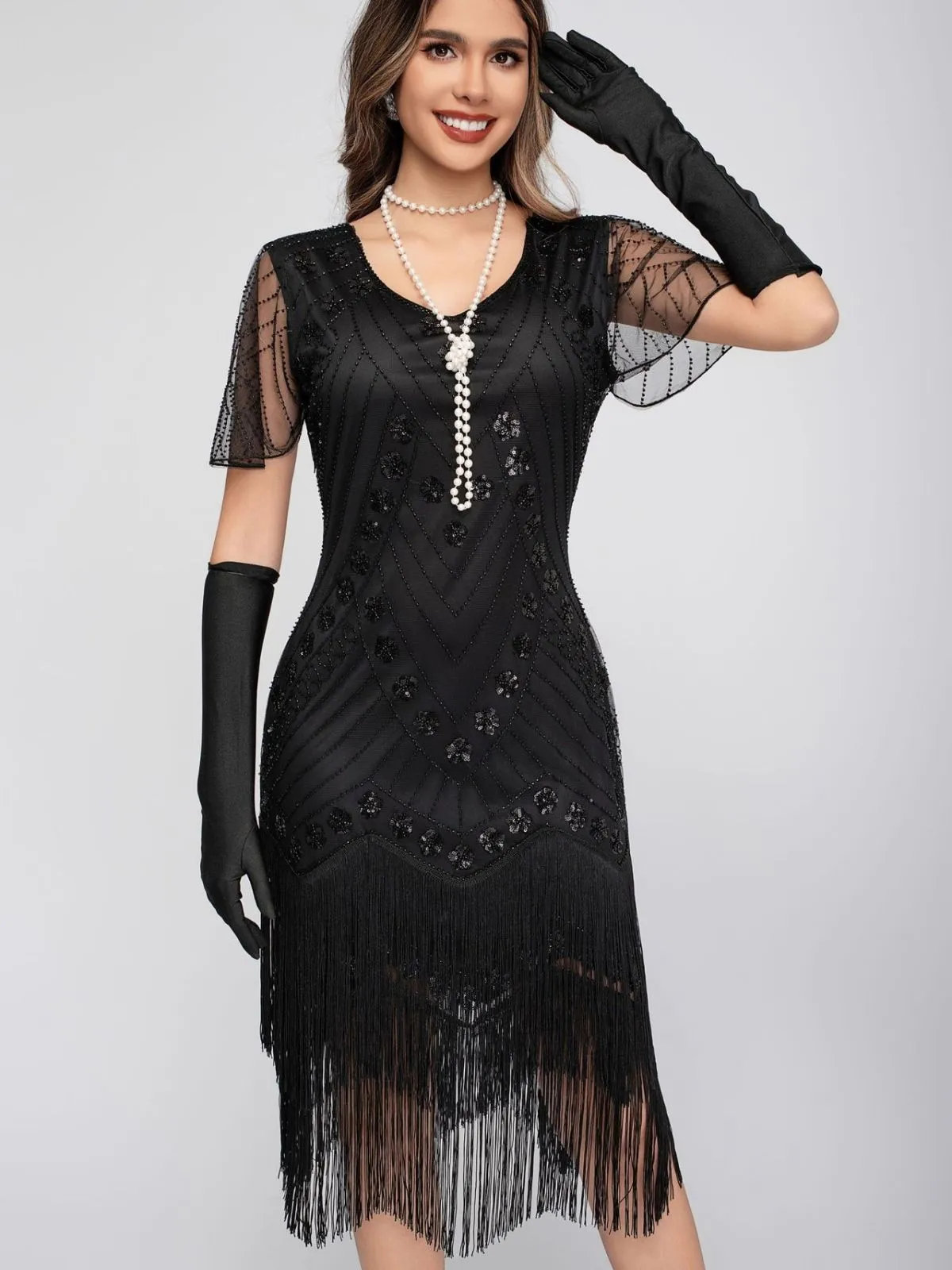 1920s Sequins Tassel Beading Cap Sleeve Dress sold by Retro Stage