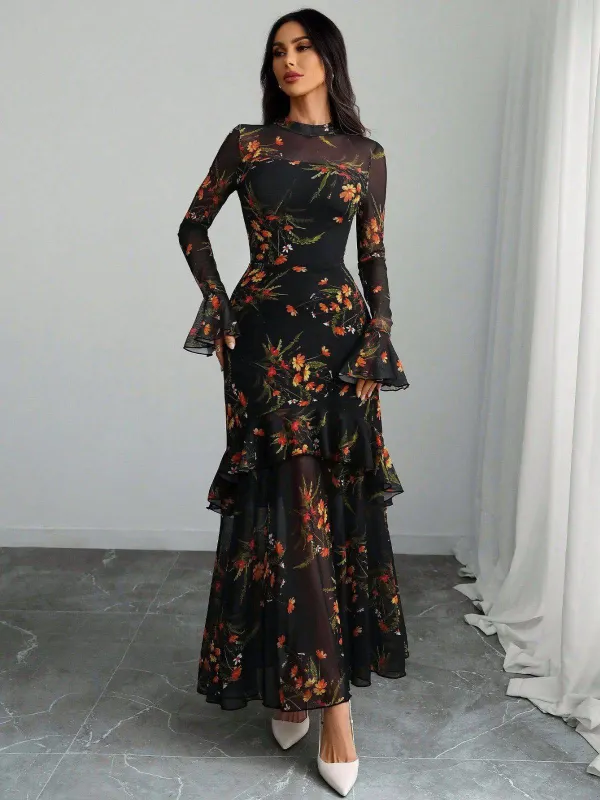 Black 1930s Floral Mesh Ruffle Maxi Dress sold by Retro Stage