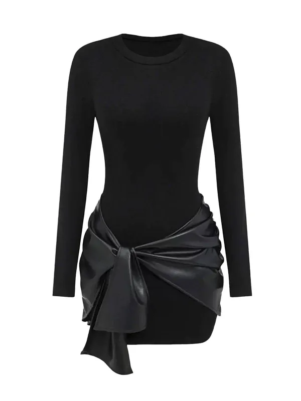 1980s Faux Leather Bow Long Sleeve Dress sold by Retro Stage