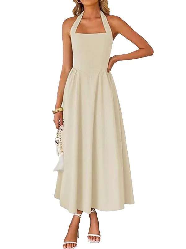 1940s Solid Wide-Strap Halter Backless Dress sold by Retro Stage