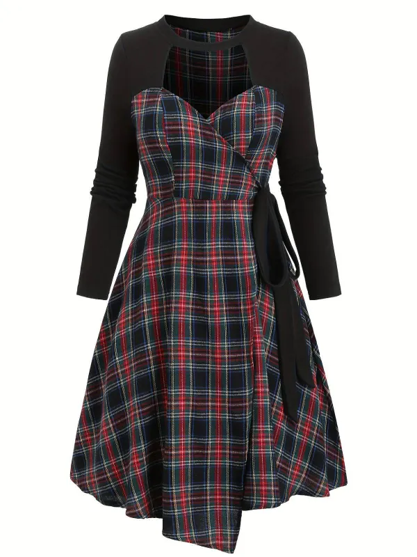 [Plus-Size] Black 1940s Cutout Plaid Patchwork Dress sold by Retro Stage