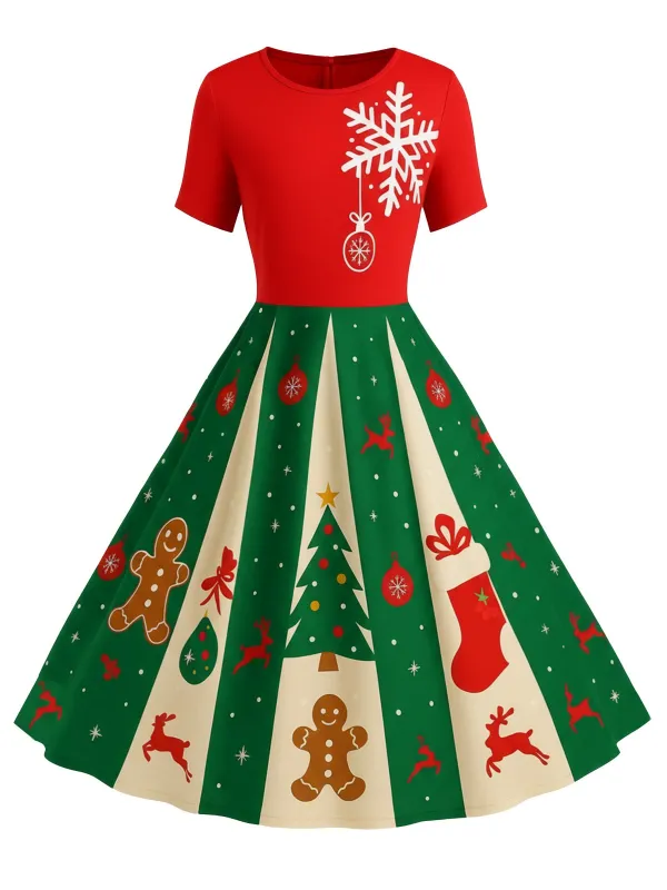Red & Green 1950s Christmas Snowflake Swing Dress sold by Retro Stage