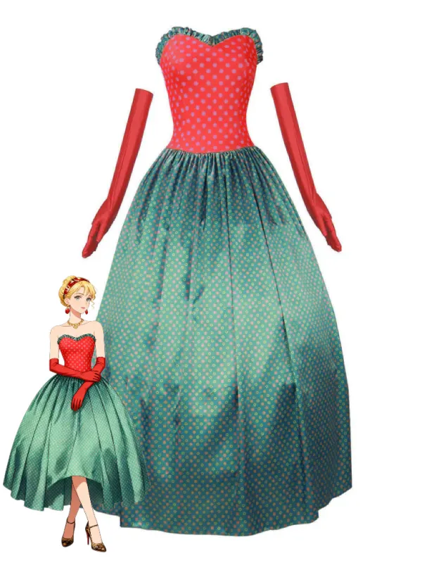 Green 1930s Grinch Martha Cosplay Polka Dot Strapless Dress sold by Retro Stage