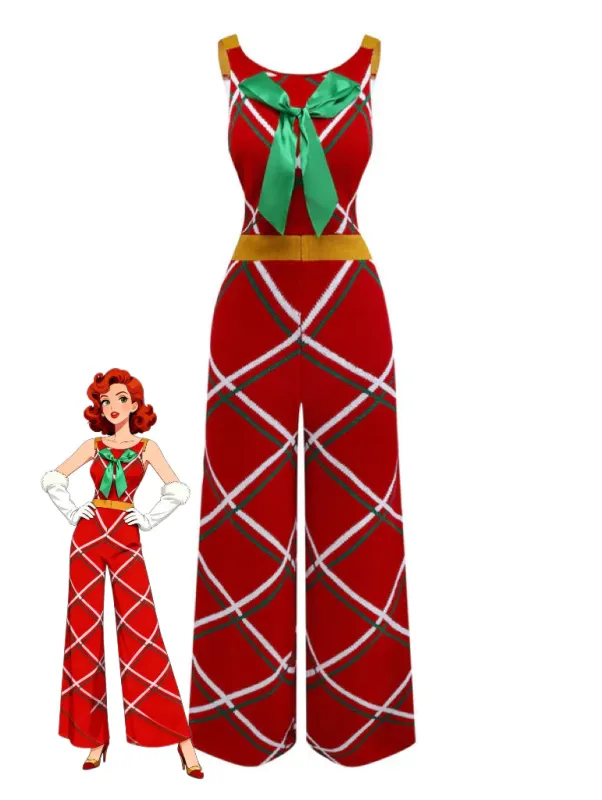 1960s Bow Christmas Plaid Patchwork Jumpsuit made by Retro Stage