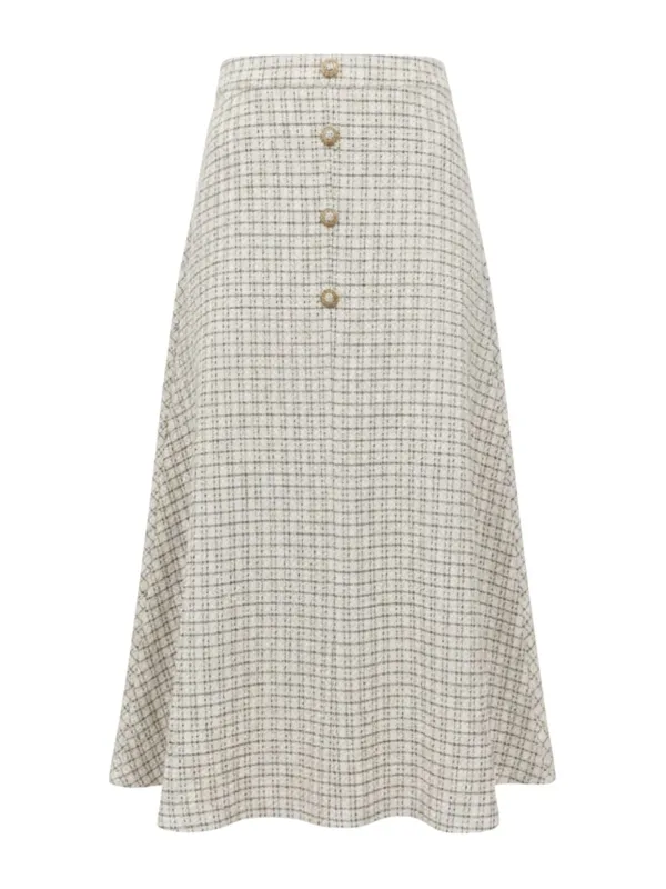 Beige 1940s Pearl Button Plaid Tweed A-Line Skirt sold by Retro Stage