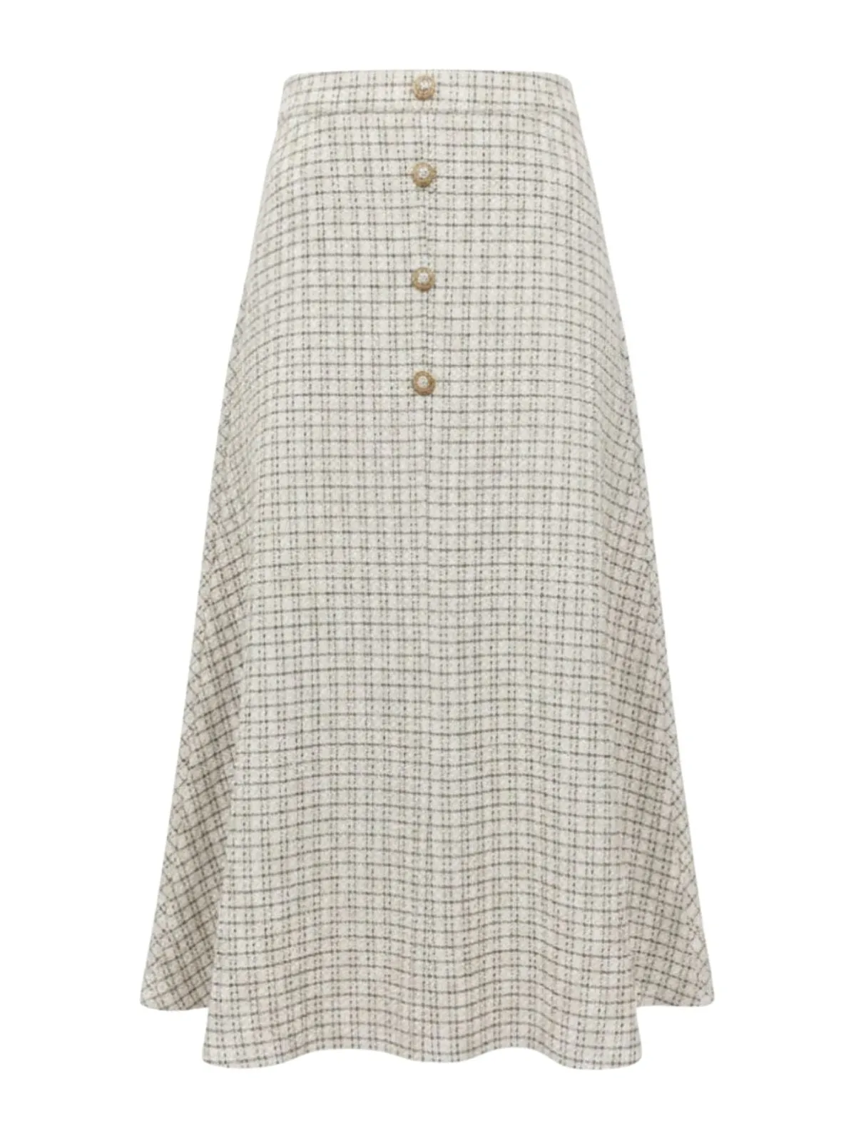 Beige 1940s Pearl Button Plaid Tweed A-Line Skirt sold by Retro Stage
