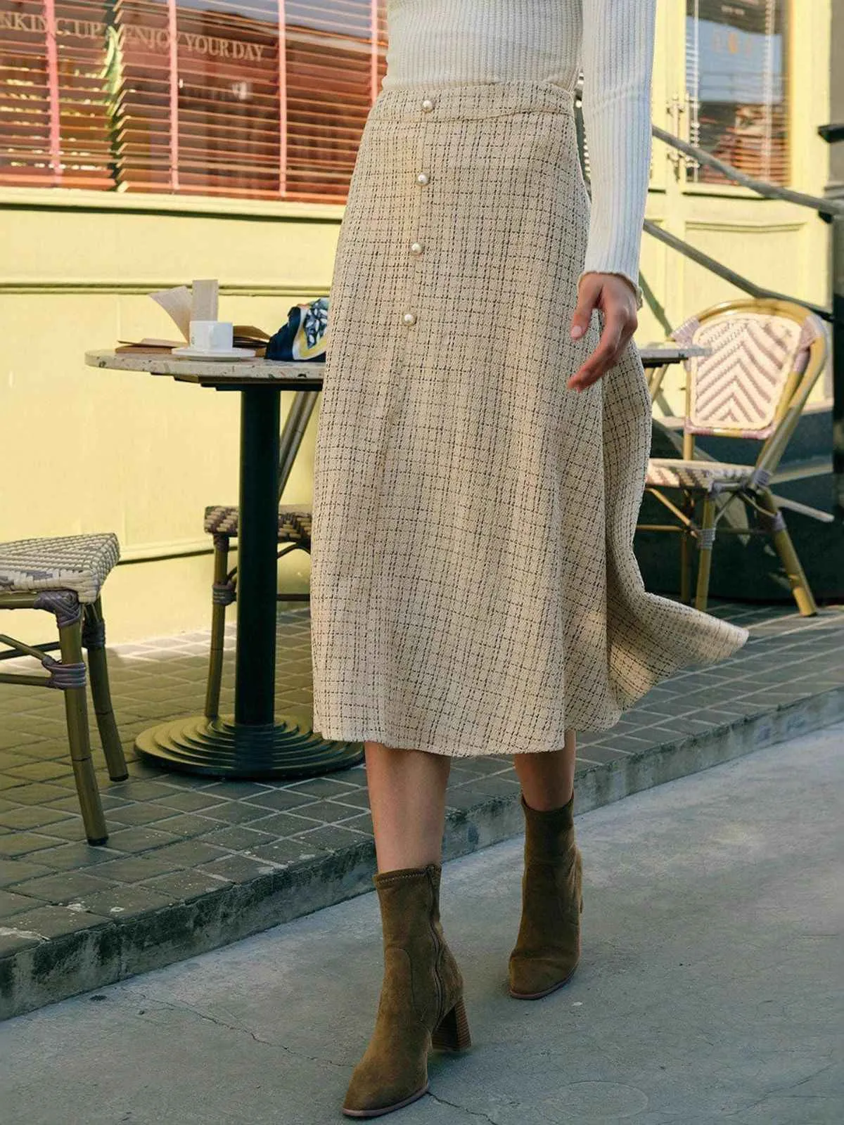 Beige 1940s Pearl Button Plaid Tweed A-Line Skirt sold by Retro Stage product image thumbnail 2