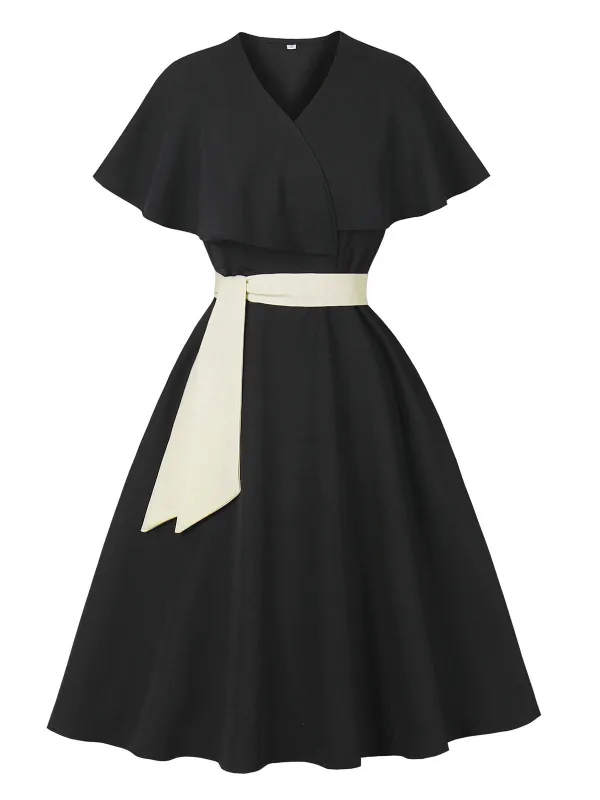 Black 1950s V-Neck Cloak Belted Dress sold by Retro Stage