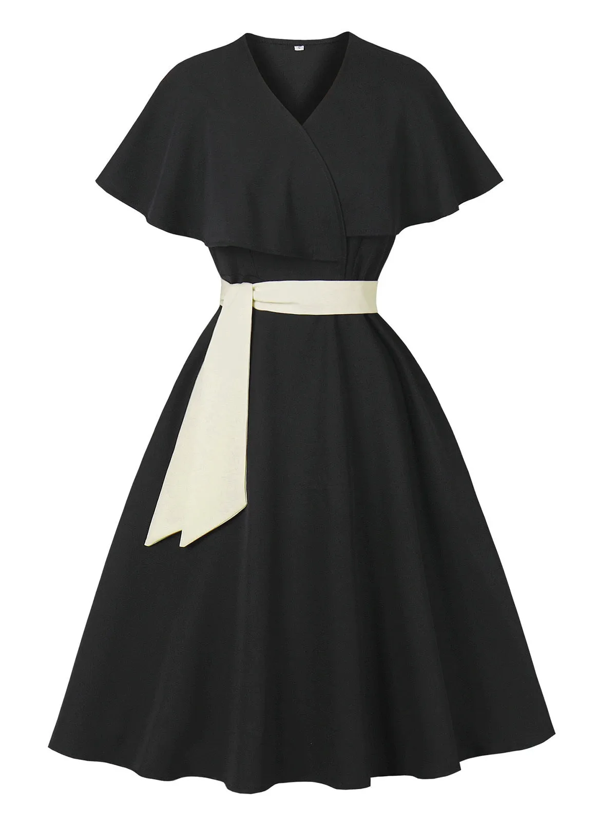 Black 1950s V-Neck Cloak Belted Dress sold by Retro Stage