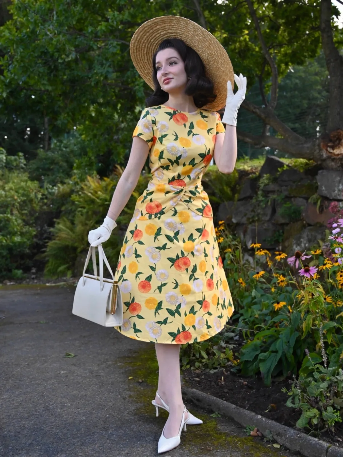 Yellow 1950s Hydrangea Floral Ruched Dress sold by Retro Stage
