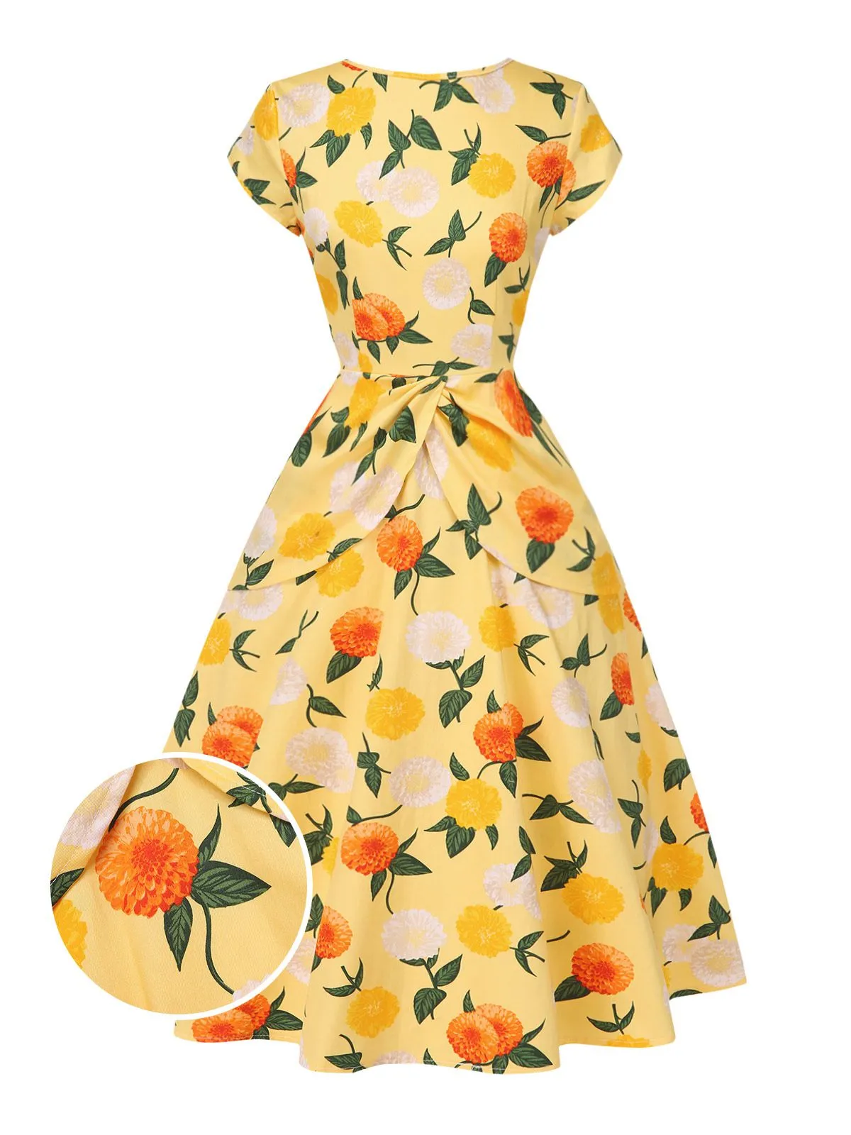 Yellow 1950s Hydrangea Floral Ruched Dress sold by Retro Stage product image thumbnail 5