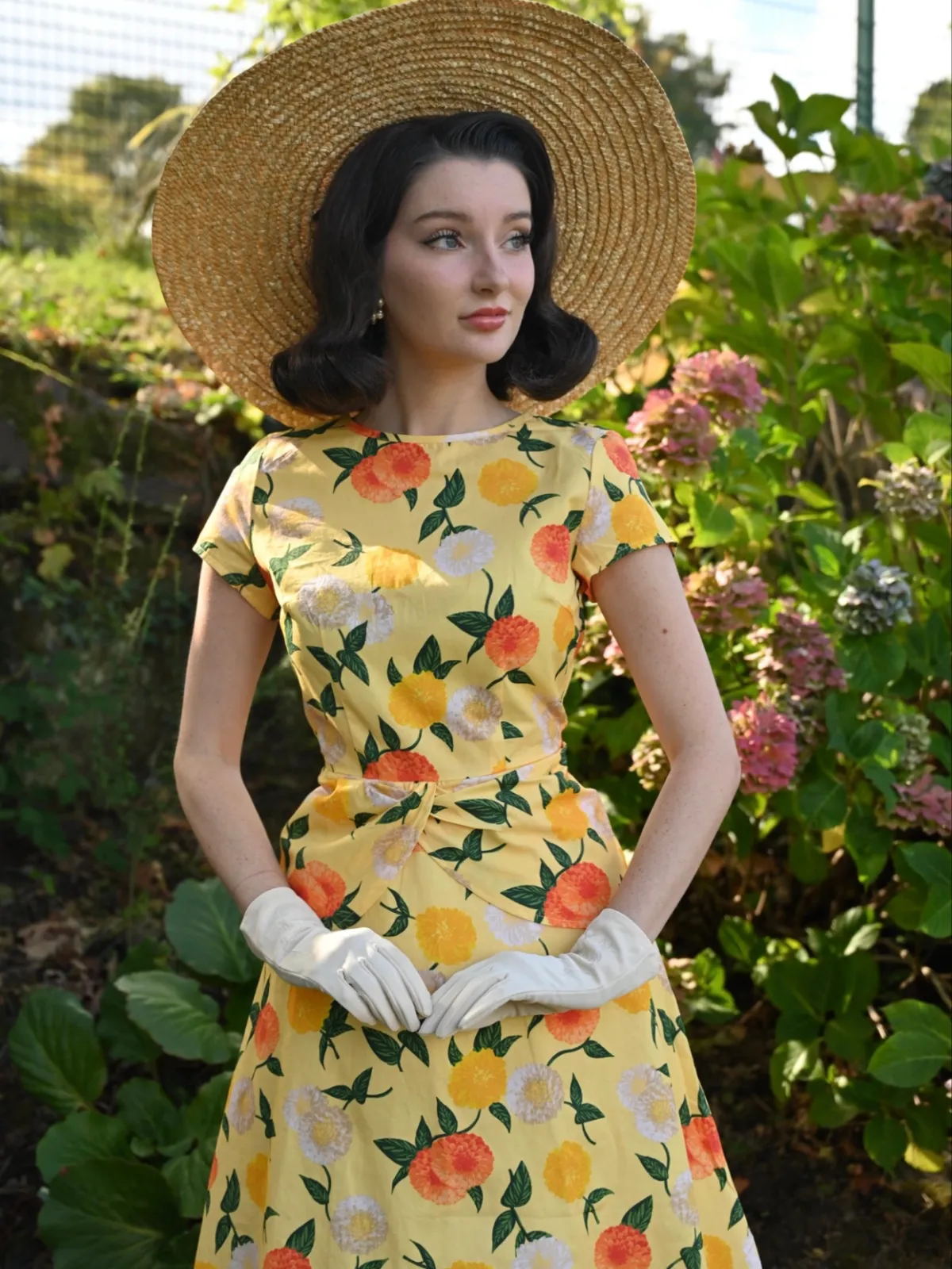 Yellow 1950s Hydrangea Floral Ruched Dress sold by Retro Stage product image thumbnail 3