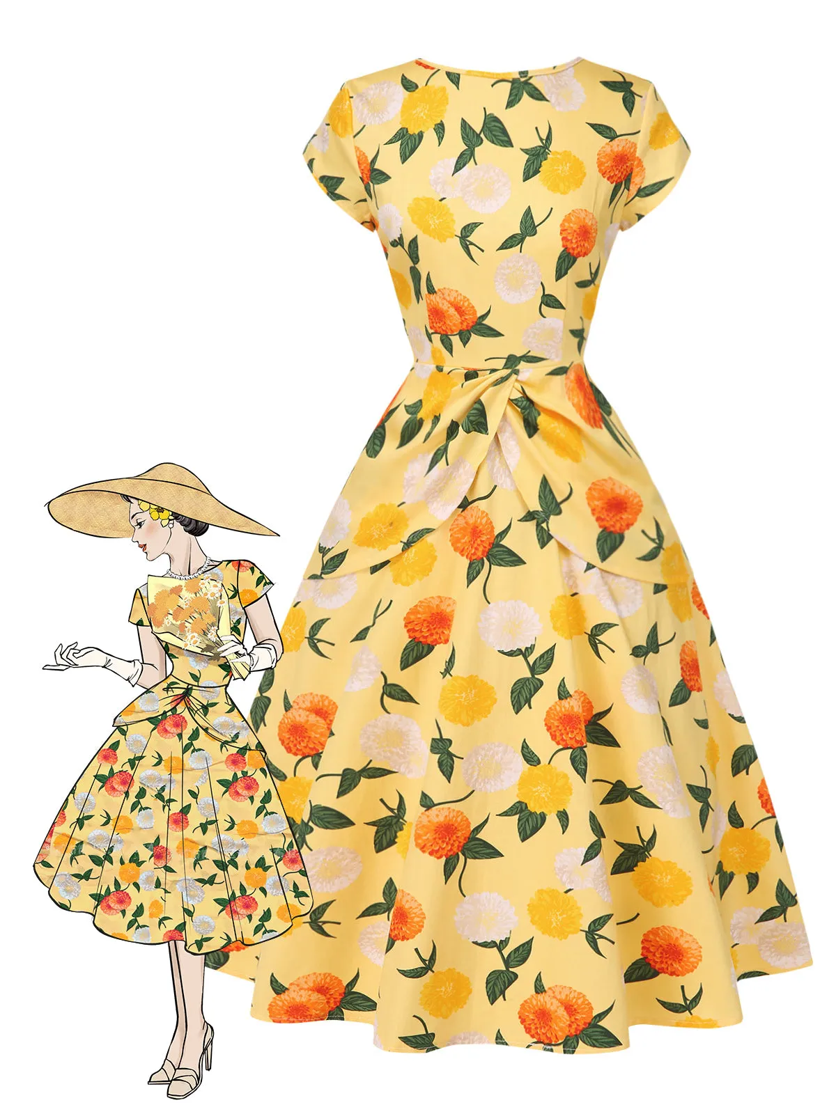 Yellow 1950s Hydrangea Floral Ruched Dress sold by Retro Stage product image thumbnail 4