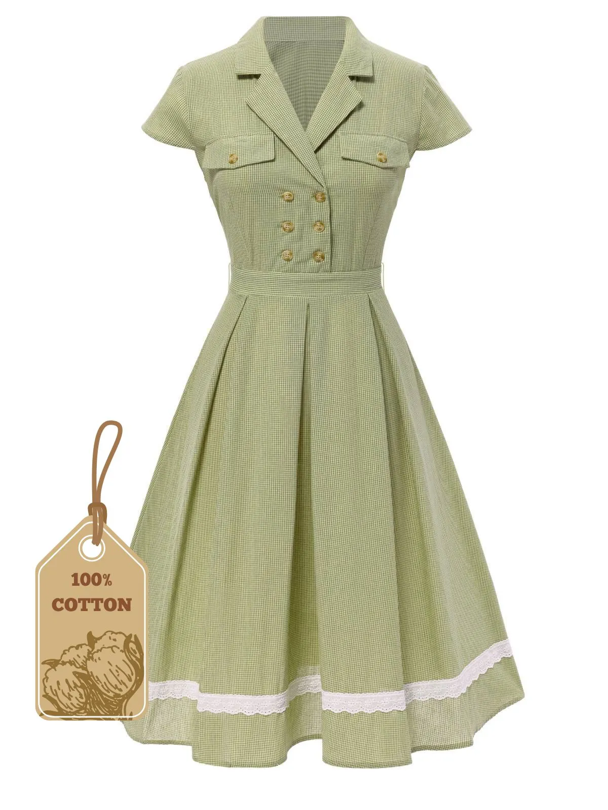 Green 1940s Lace Plaid Cotton Patchwork Dress sold by Retro Stage product image thumbnail 4