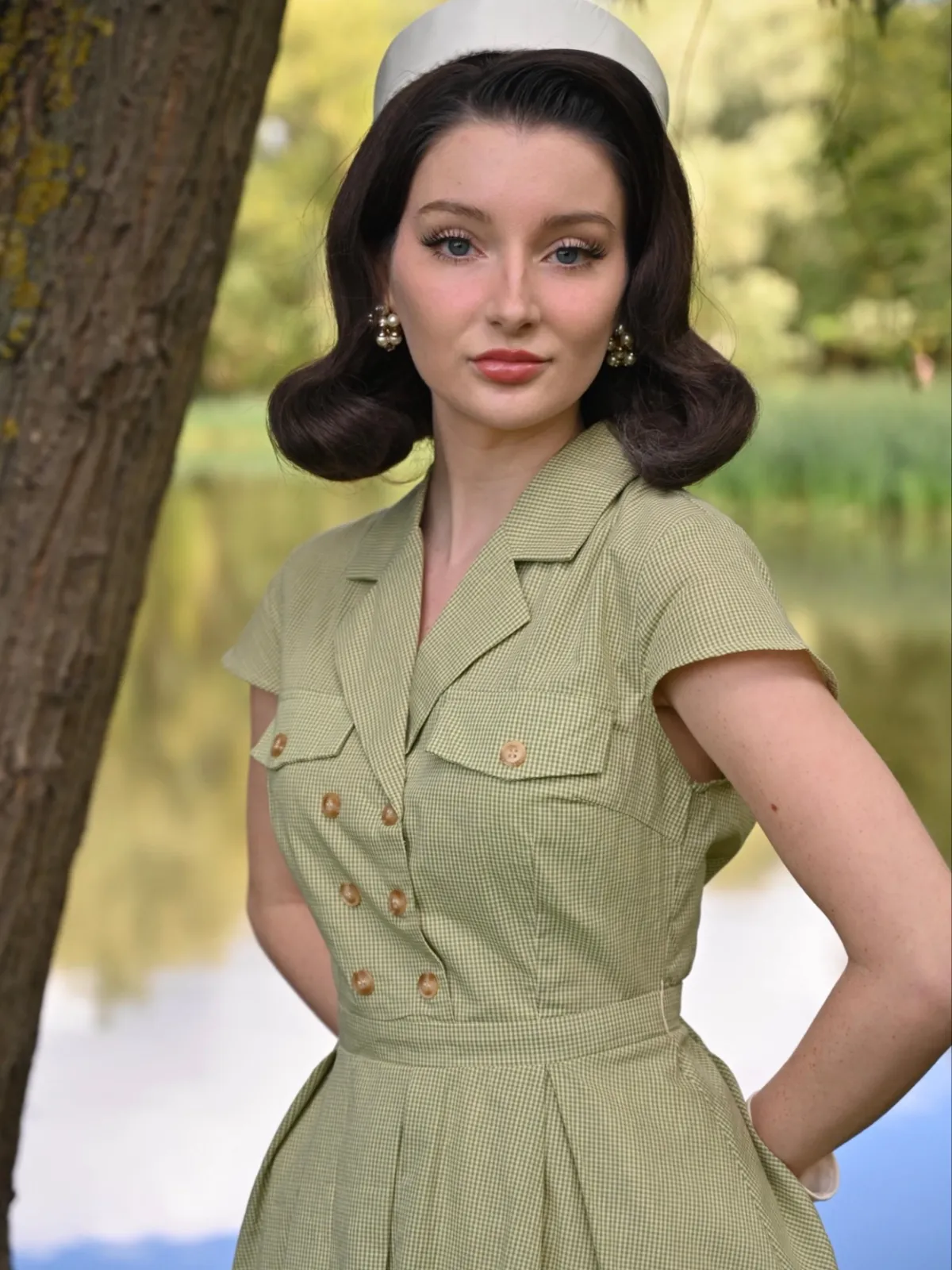 Green 1940s Lace Plaid Cotton Patchwork Dress sold by Retro Stage product image thumbnail 3