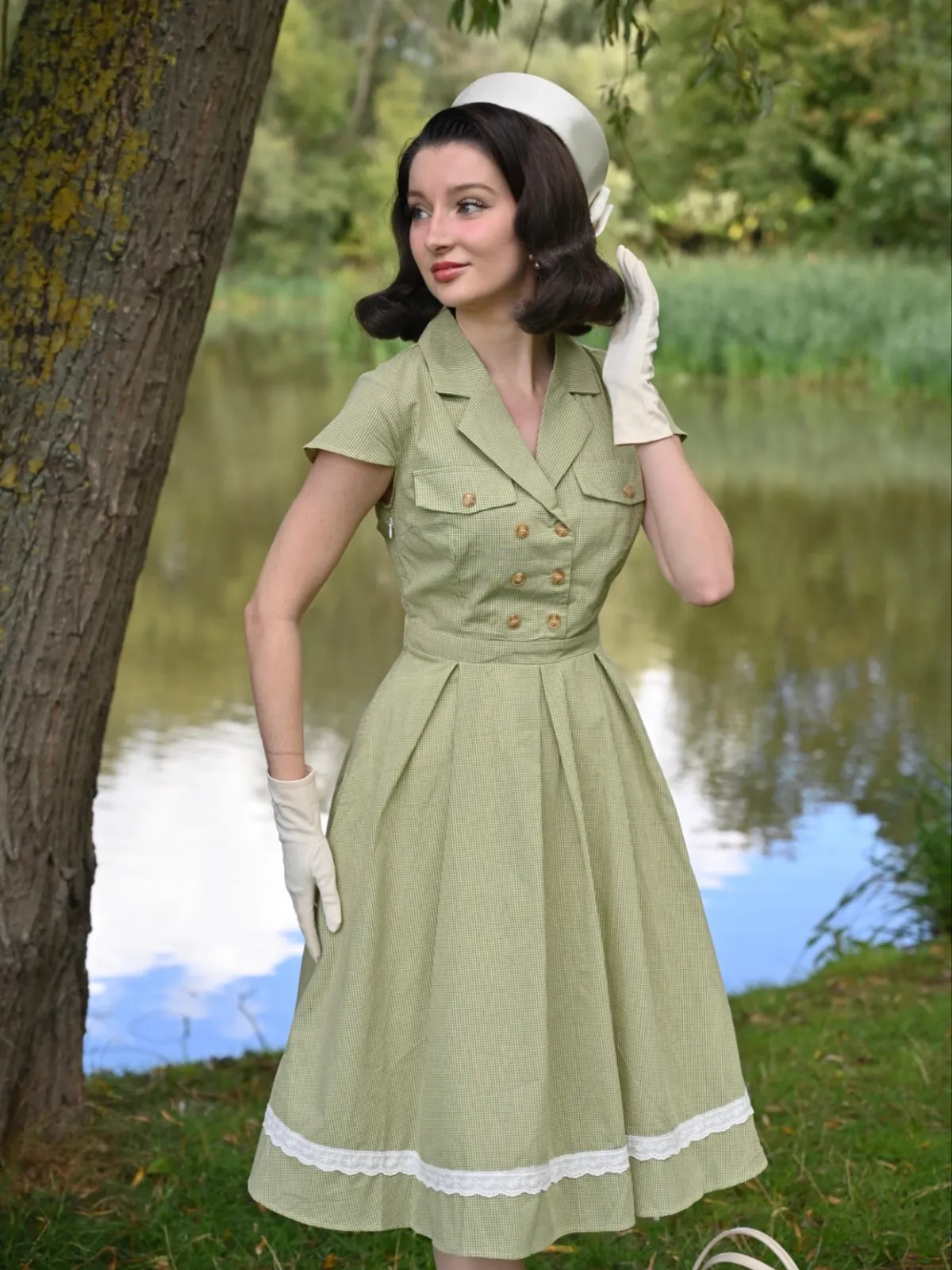 Green 1940s Lace Plaid Cotton Patchwork Dress sold by Retro Stage product image thumbnail 2