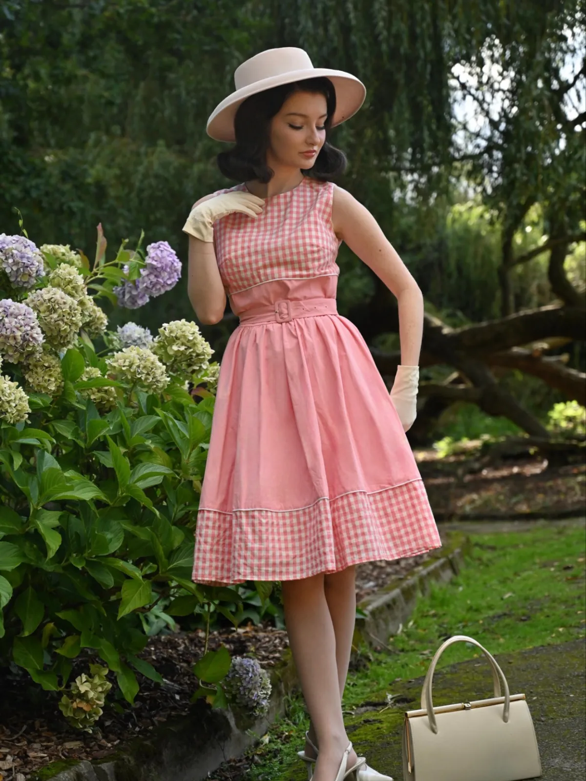 Pink 1950s Gingham Plaid Patchwork Cotton Dress sold by Retro Stage