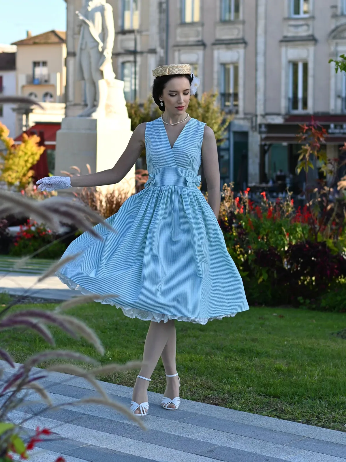 Mint Green 1950s Striped V-Neck Dress sold by Retro Stage product image thumbnail 3