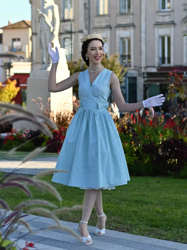 Mint Green 1950s Striped V-Neck Dress sold by Retro Stage