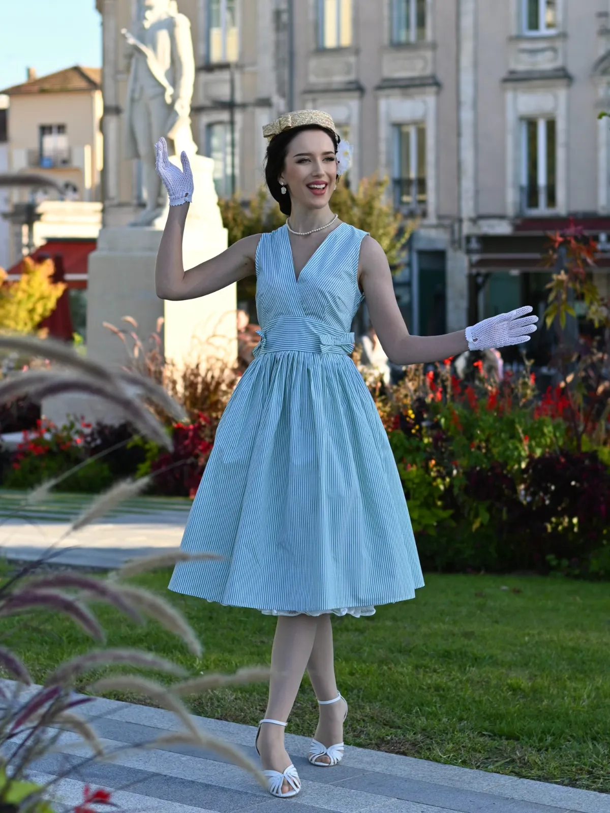 Mint Green 1950s Striped V-Neck Dress sold by Retro Stage