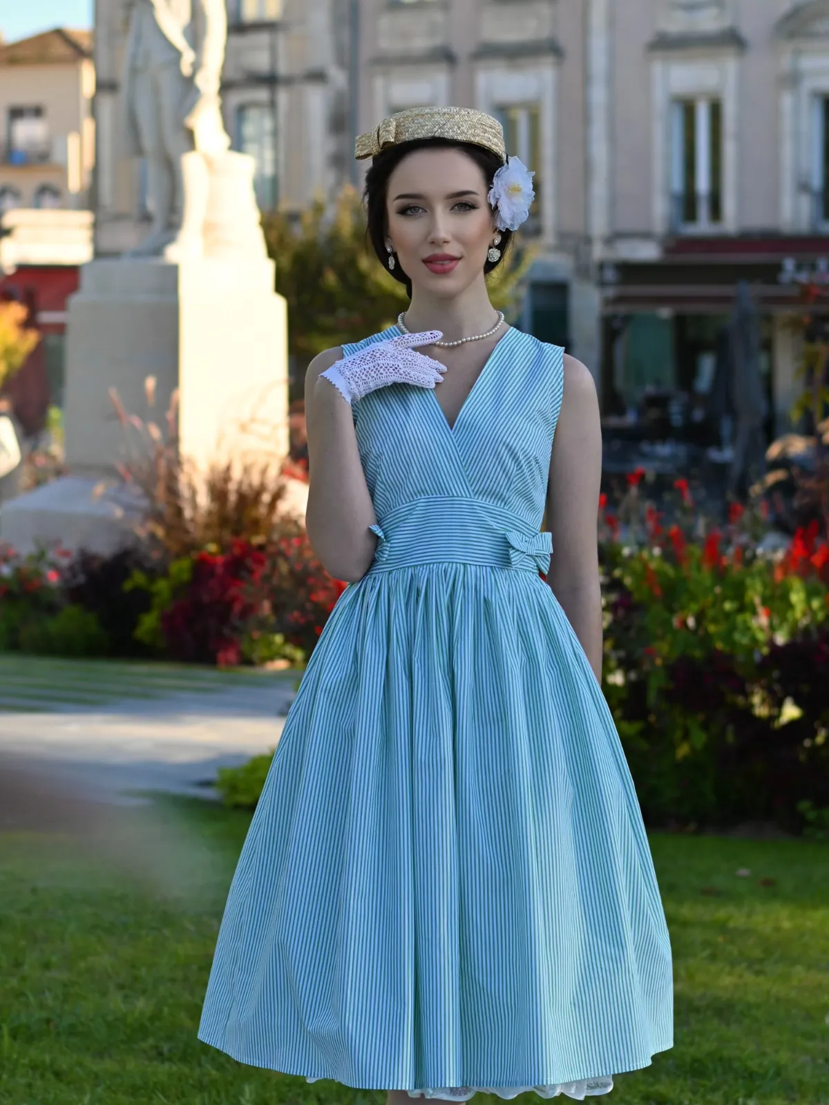 Mint Green 1950s Striped V-Neck Dress sold by Retro Stage product image thumbnail 2