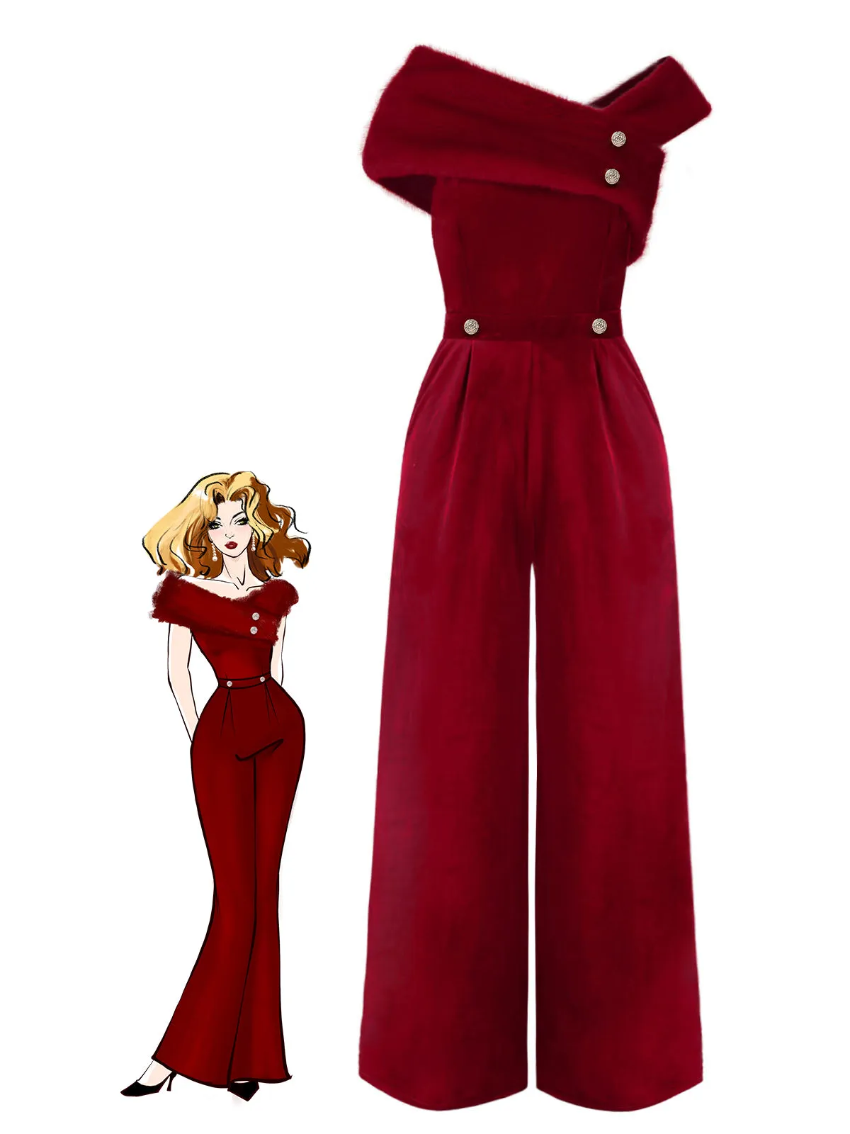 Red 1950s Velvet Off Shoulder Button Jumpsuit sold by Retro Stage product image thumbnail 4