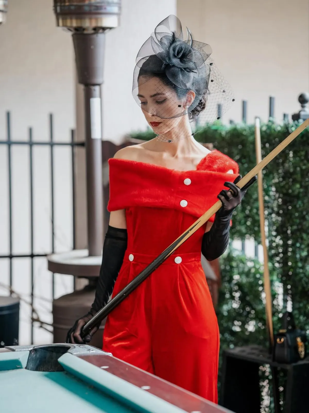 Red 1950s Velvet Off Shoulder Button Jumpsuit sold by Retro Stage product image thumbnail 2