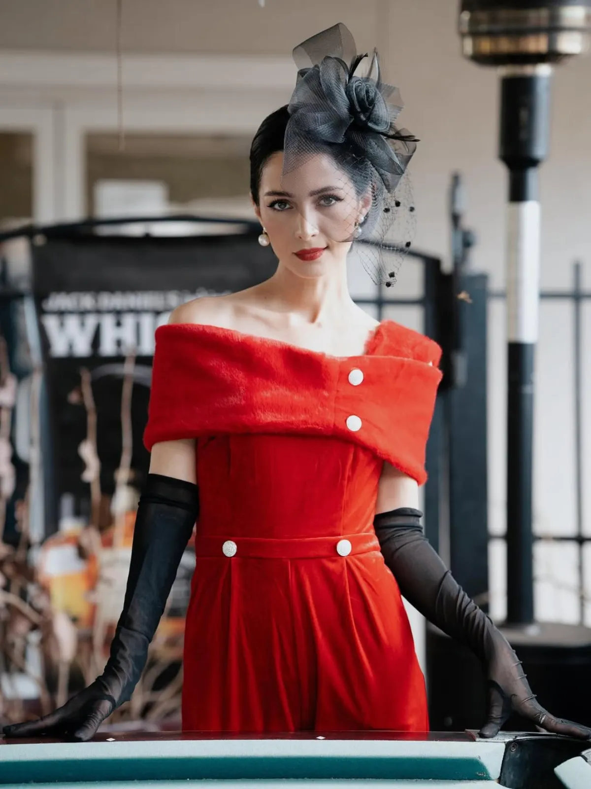 Red 1950s Velvet Off Shoulder Button Jumpsuit sold by Retro Stage product image thumbnail 3