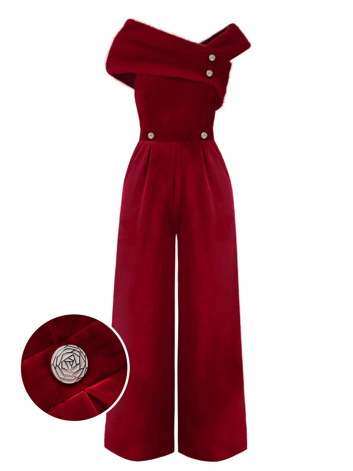 Red 1950s Velvet Off Shoulder Button Jumpsuit sold by Retro Stage product image thumbnail 5